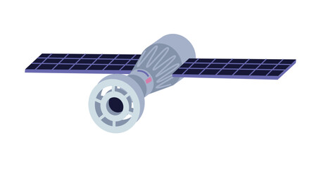 Space satellite constructed to gather information about galaxy and Earth. Artificial object flying in sky, scientific device. Vector in flat cartoon style