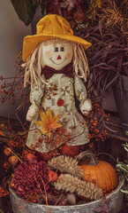 Fototapeta na wymiar fall arrangement with pumpkins and antique doll with rustic background