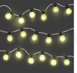 Christmas lights for cards, banners, posters, web design. Set of golden xmas glowing garland Led neon lamp Vector illustration