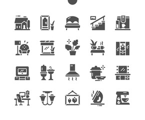 Home and living. House, door, bed, stairs, wardrobe, bathroom and other. Makeup table. Vector Solid Icons. Simple Pictogram