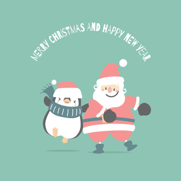merry christmas and happy new year with cute santa claus and penguin in the winter season green background, flat vector illustration cartoon character costume design