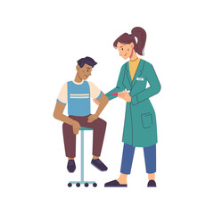 Vaccination and injection of antibodies, providing immunity for patient. Clinics or hospital procedures protecting health. Vector in flat cartoon style