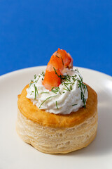 Vol au Vent with seafood on a blue background