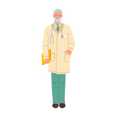 Professor or doctor with stethoscope on neck and document in hands. Medical staff, worker in clinics or hospital. Personage or character, vector in flat cartoon style