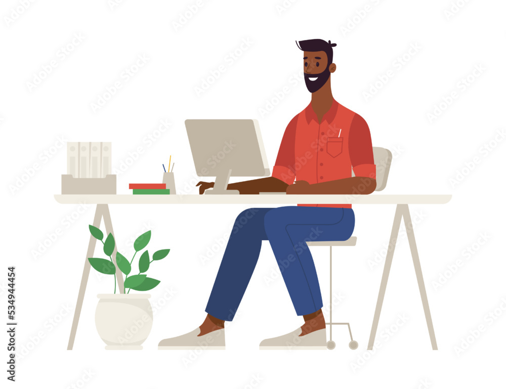 Aufkleber Distant worker in home office working on project online. Man with personal computer completing tasks. Personage or character, vector in flat cartoon style