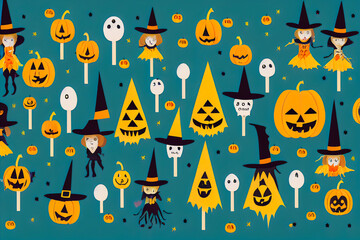 Fototapeta na wymiar Scary Halloween background with pumpkins and witches