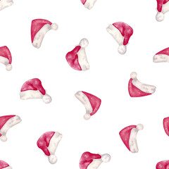 Santa Claus hat. Seamless Watercolor Pattern with Santa Claus Hats. Christmas background for designing postcards, textiles and stationery.
