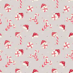 Watercolor Christmas seamless pattern with Candy Canes and Santa Hat. Pattern with Striped Red Lollipops. Illustration For Winter Holidays. Design for packaging and textiles.
