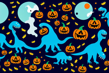 Scary Halloween background with dinosaurs and pumpkins