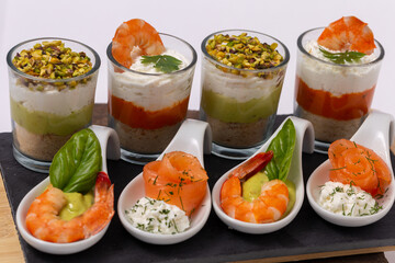 decorated set of Finger food, canapes with seafood
