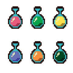 Colorful potion pixel game icons. Vector isolated mosaic icon button illustration. Digital crypto art poster banner. Simple set collection of glass bottles