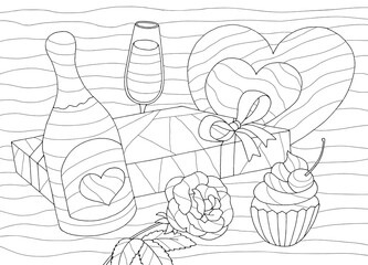 Valentines day coloring black white sketch illustration vector