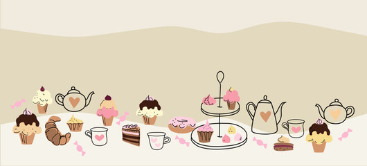 Afternoon tea set with cakes, doodle sketch hand drawn vector design. - obrazy, fototapety, plakaty