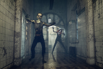 Zombies walking along corridor in post apocalyptic abandoned hospital or asylum. Halloween horror concept 3d rendering.