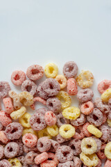 Close up to cereal background. Colorful breakfast food with copy space