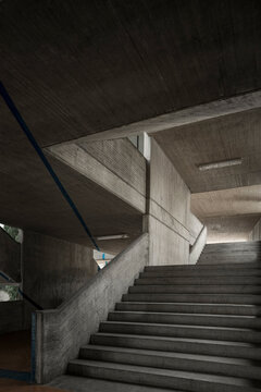 Modern Concrete Architecture Cement Building Brutalist , Stairs Of An Institution Or School,