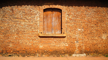 Old Wooden Door In A Brick Wall, sale of wood and brick wall, aged wall, broken wood