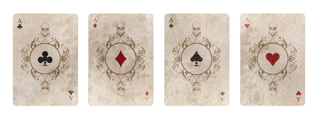 Aces with ornate pattern and skulls, isolated on white background of aged retro style poker cards. Halloween playing cards