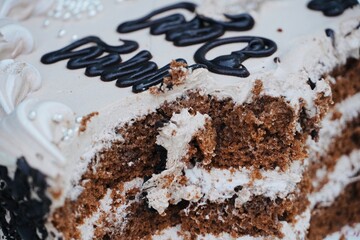 Chocolate flakes cake cuts for birthday celebration. Brownie Ice-cream cake for birthday function. Cut portions of Ice cream cake closeup view.