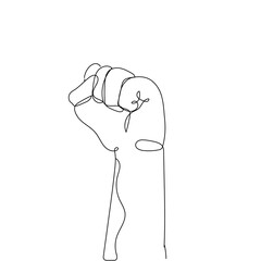 Continuous line drawing of strong fist raised up. Human arm with clenched fingers, one line drawing vector illustration.