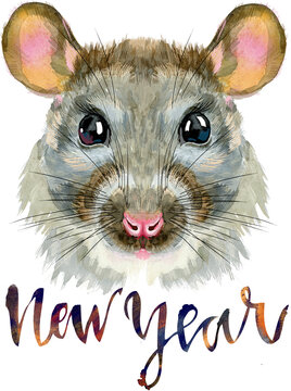 Watercolor portrait of rat with the inscription new year 
