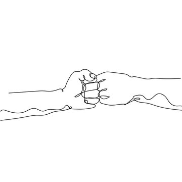 Continuous one line drawing two hands make fist bump. Sign or symbol of power, hitting, attack, force. Communication with hand gestures. Single line design vector graphic illustration