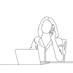 Continuous one line drawing of young female employee holding smartphone and reading business report on laptop. Business concept continuous line draw design vector illustration