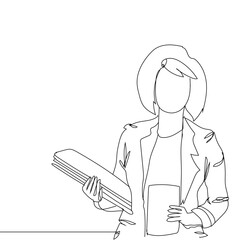 Continue line of business woman holding the paper file, Continuous one line drawing, hand drawn with single line vector illustration, isolated on white background.
