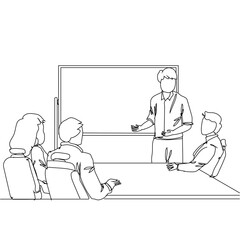 Continuous line drawing of business presentation during team meeting with screen at meeting room. Business meeting and presentation concept one line draw design vector illustration