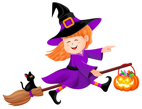 Cute cartoon witch girl character. Witchcraft and magic. Happy halloween concept illustration.