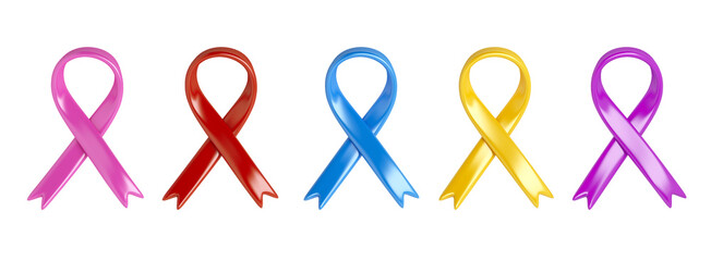 Set of cancer awareness ribbons on transparent background, 3d rendering illustration