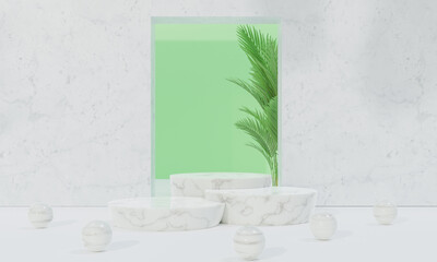 Podium with colorful pastel background and tree or leaf stand on advertising display. 3D rendering.