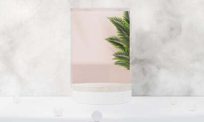 Podium with colorful pastel background and tree or leaf stand on advertising display. 3D rendering.