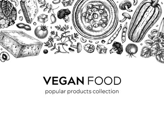 Vegan food vintage background. Healthy food banner template. Middle eastern cuisine frame. Hand-drawn vegan meals and ingredients for menu, recipe, and packaging design. Green food sketches