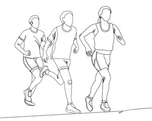 Continuous line drawing of three people jogging together. Hand drawn single line vector illustration