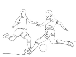 Continuous line drawing of shows a football player kicks the ball. Hand drawn single line vector illustration