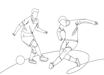 Continuous line drawing of two soccer players dribbling the ball. Hand drawn single line vector illustration