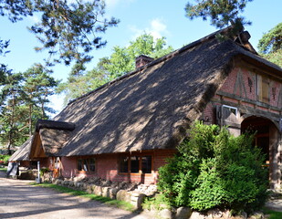 Fototapeta na wymiar Historical Stable in the Valley Büsenbachtal in the Heath Lüneburger Heide, Lower Saxony