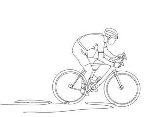 Single continuous line drawing of cyclist pedaling cycling fast. Hand drawn single line vector illustration