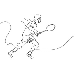 Continuous line drawing of badminton players who are playing. Hand drawn single line vector illustration