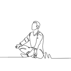 Obraz na płótnie Canvas Continuous line drawing of man sitting in lotus pose yoga on white background. Hand drawn single line vector illustration