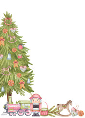 Postcard with Nutcracker with Christmas tree and vintage toys