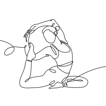 Continuous line drawing of sport woman in yoga on white background. Hand drawn single line vector illustration