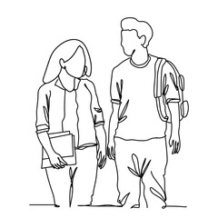 Continuous line drawing of two students with book and standing, teenager college man and woman holding stack of books and studying on white background. Hand drawn single line vector illustration