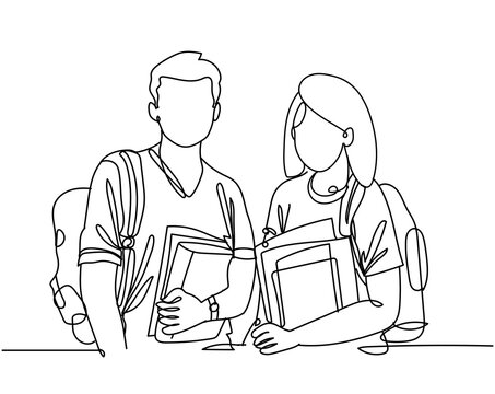 Continuous line drawing of two students with book and standing, teenager college man and woman holding stack of books and studying on white background. Hand drawn single line vector illustration