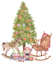 Vintage composition with Christmas tree, toys and nutcracker