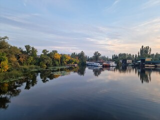 Fototapeta premium trees grow on the banks of the river bay in autumn, landscape