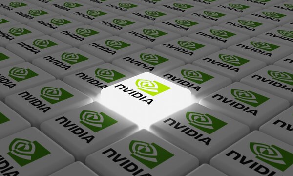 Melitopol, Ukraine - September 28, 2022: Nvidia logo icon isolated on shape of cubes. Mark of famous company of video cards. Inventor of the GPU