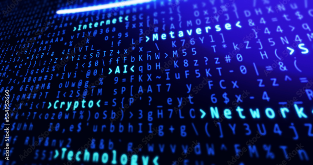 Aufkleber binary code with crypto, internet, ai, network and metaverse text highlighting.