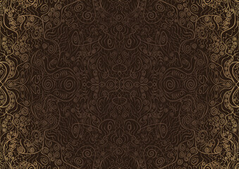Hand-drawn unique abstract ornament. Light semi transparent brown on a dark brown background, with vignette of same pattern in golden glitter. Paper texture. Digital artwork, A4. (pattern: p06a)